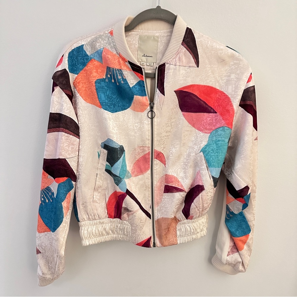 elevenses White Bomber Jacket with Blue Teal Pink and Burgundy Leaf Print
